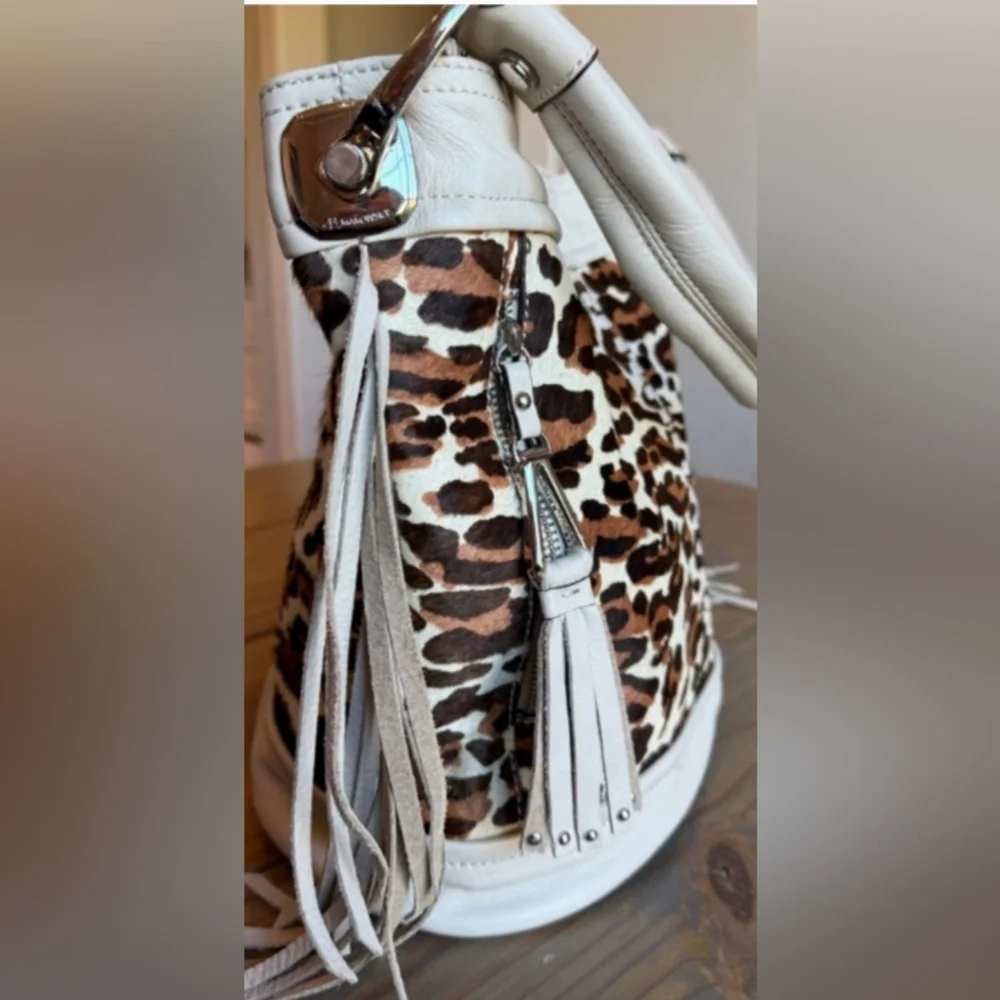 b. makowsky White and Brown Leopard-Print Hobo Bag